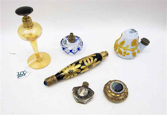 Appraisal: SIX ASSORTED ART GLASS PIECES De Vilbiss gold perfume ''H