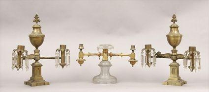 Appraisal: Pair of Gilt-Metal Two-Light Argand Lamps Hung with Lusters Together