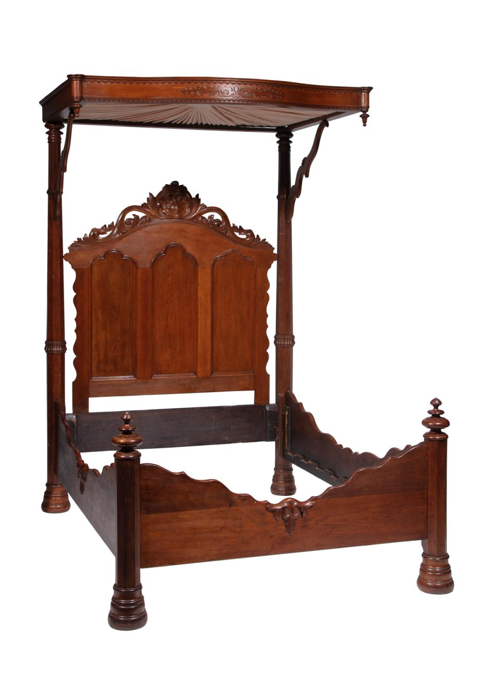 Appraisal: AMERICAN ROCOCO CARVED WALNUT HALF TESTER BEDAmerican Rococo Carved Walnut