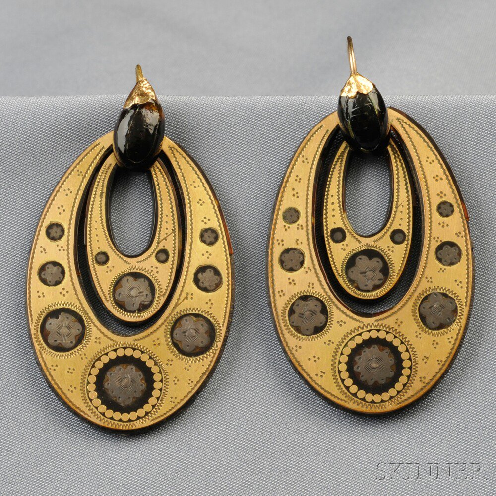 Appraisal: Antique Pique Earpendants each large hoop with engraved gold and