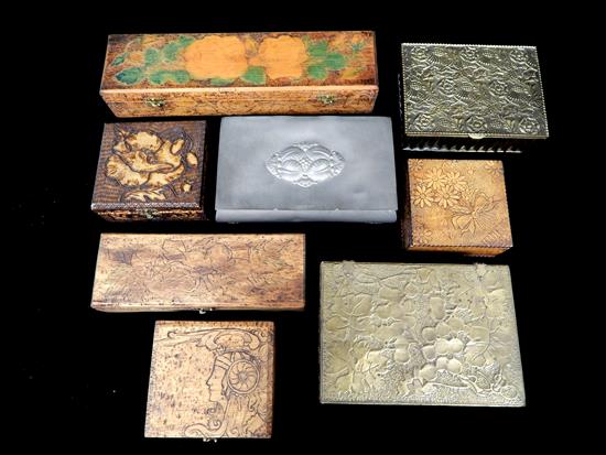 Appraisal: Art Nouveau pyrographic wooden and metal boxes eight pieces Wizard