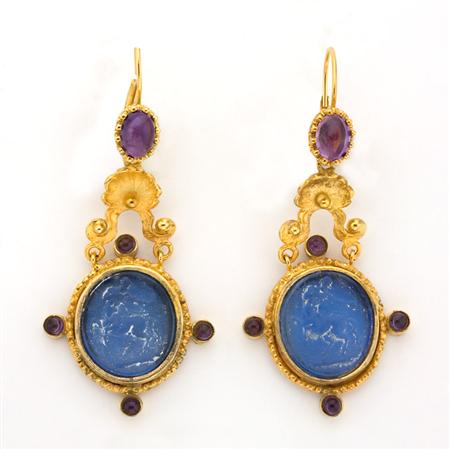 Appraisal: Pair of Gold Blue Glass Intaglio and Amethyst Pendant-Earrings Estimate