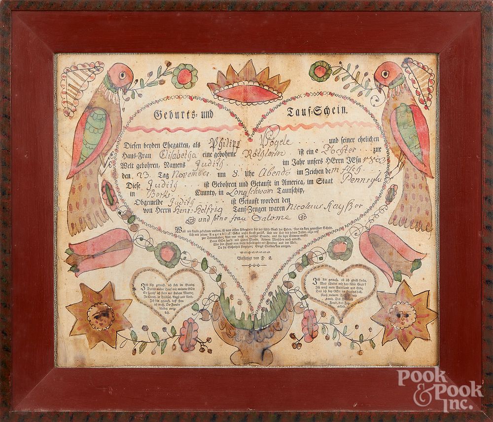 Appraisal: Friederich Krebs printed and hand colored fraktur Friederich Krebs Southeastern