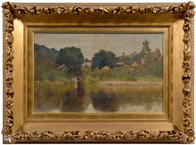 Appraisal: American School landscape cabins on a lake unsigned oil on