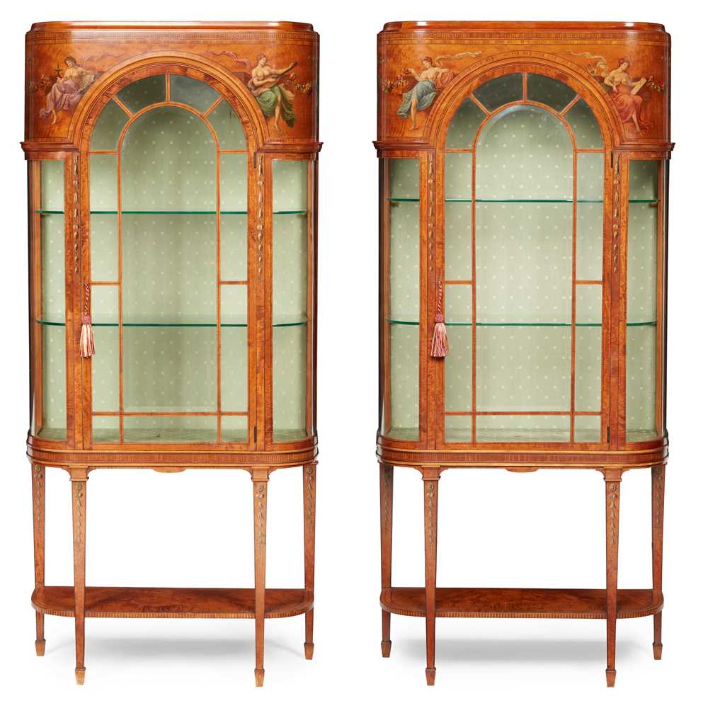 Appraisal: PAIR OF SHERATON REVIVAL PAINTED SATINWOOD DISPLAY CABINETS EARLY TH