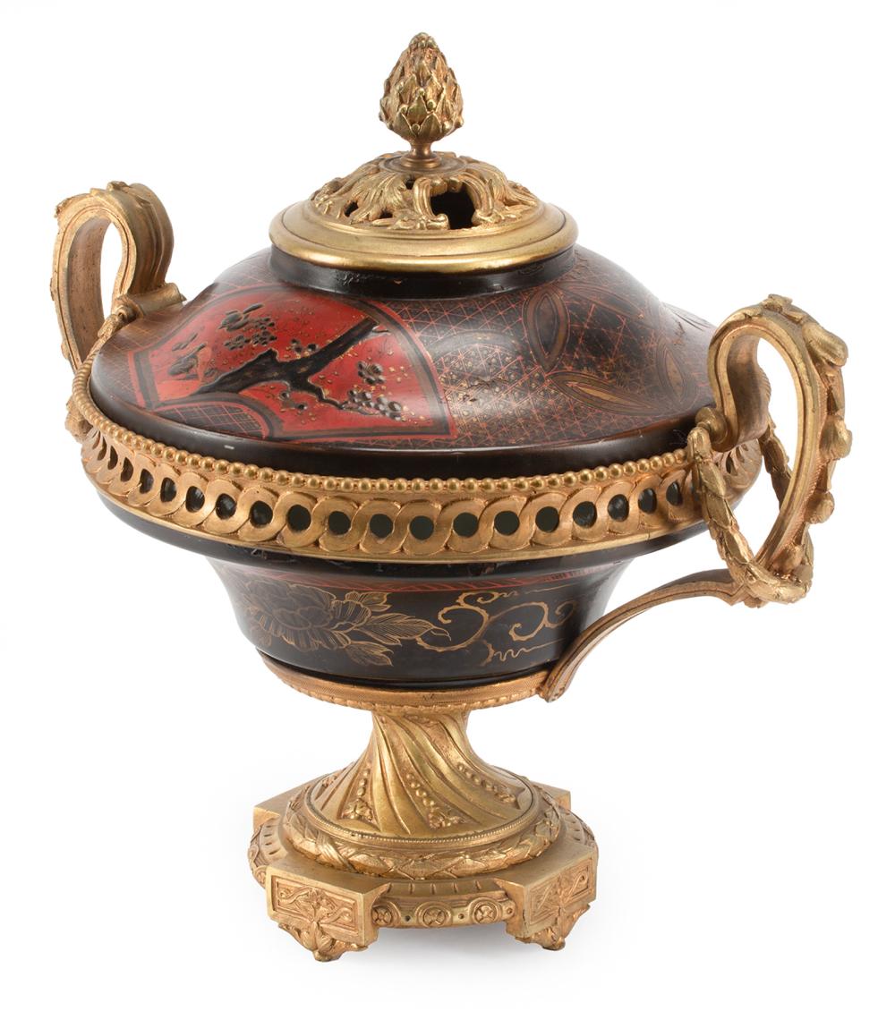 Appraisal: Gilt Bronze-Mounted Japanese Polychromed Black Lacquer Potpourri domed lacquer cover