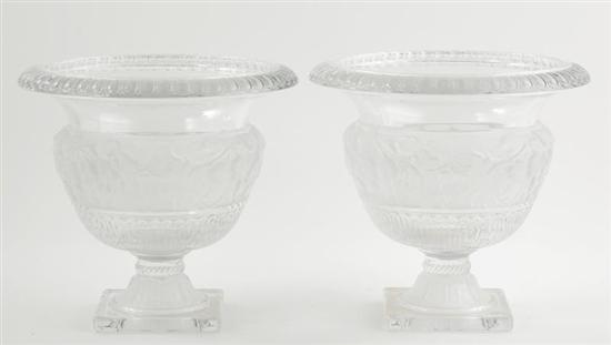 Appraisal: Pair of Lalique style cachepots pedestaled urn-form frosted with band