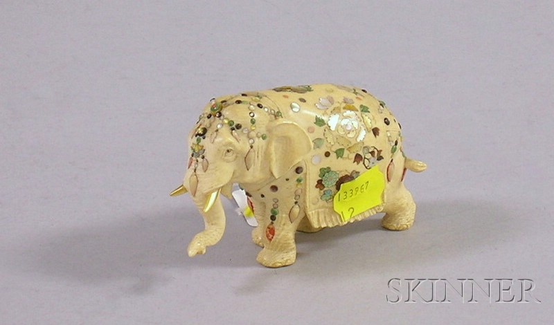 Appraisal: Small Asian Jeweled and Inlaid Carved Ivory Elephant Figure ht