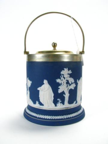 Appraisal: Adams Deep Blue Jasperware Biscuit Jar with scenes depicting maidens