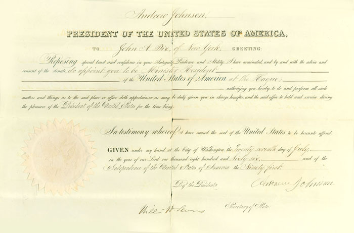 Appraisal: ANDREW JOHNSON PRESIDENT OF THE UNITED STATES APPOINTMENT OF JOHN