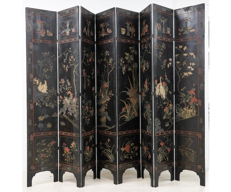 Appraisal: Monumental Chinese -panel lacquered folding screen th c with carved