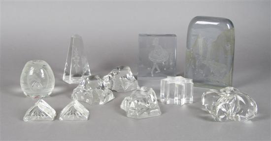 Appraisal: A Collection of Eleven Etched Glass Paperweights Height of tallest