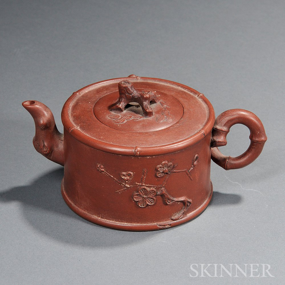 Appraisal: Yixing Teapot China th century cylindrical with a bamboo-form handle