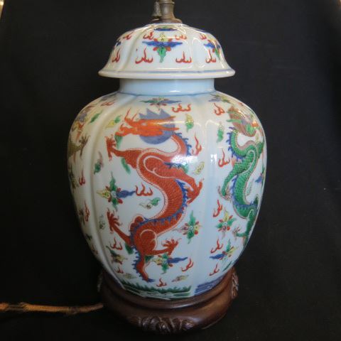 Appraisal: Chinese Porcelain Lamp dragons on melon ribbed jar shaped body