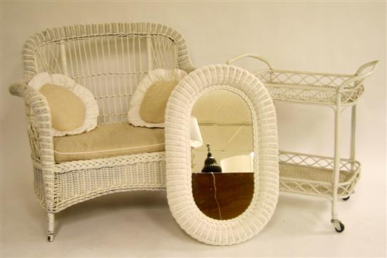 Appraisal: Wicker small settee round occasional table rolling stand wall mirror