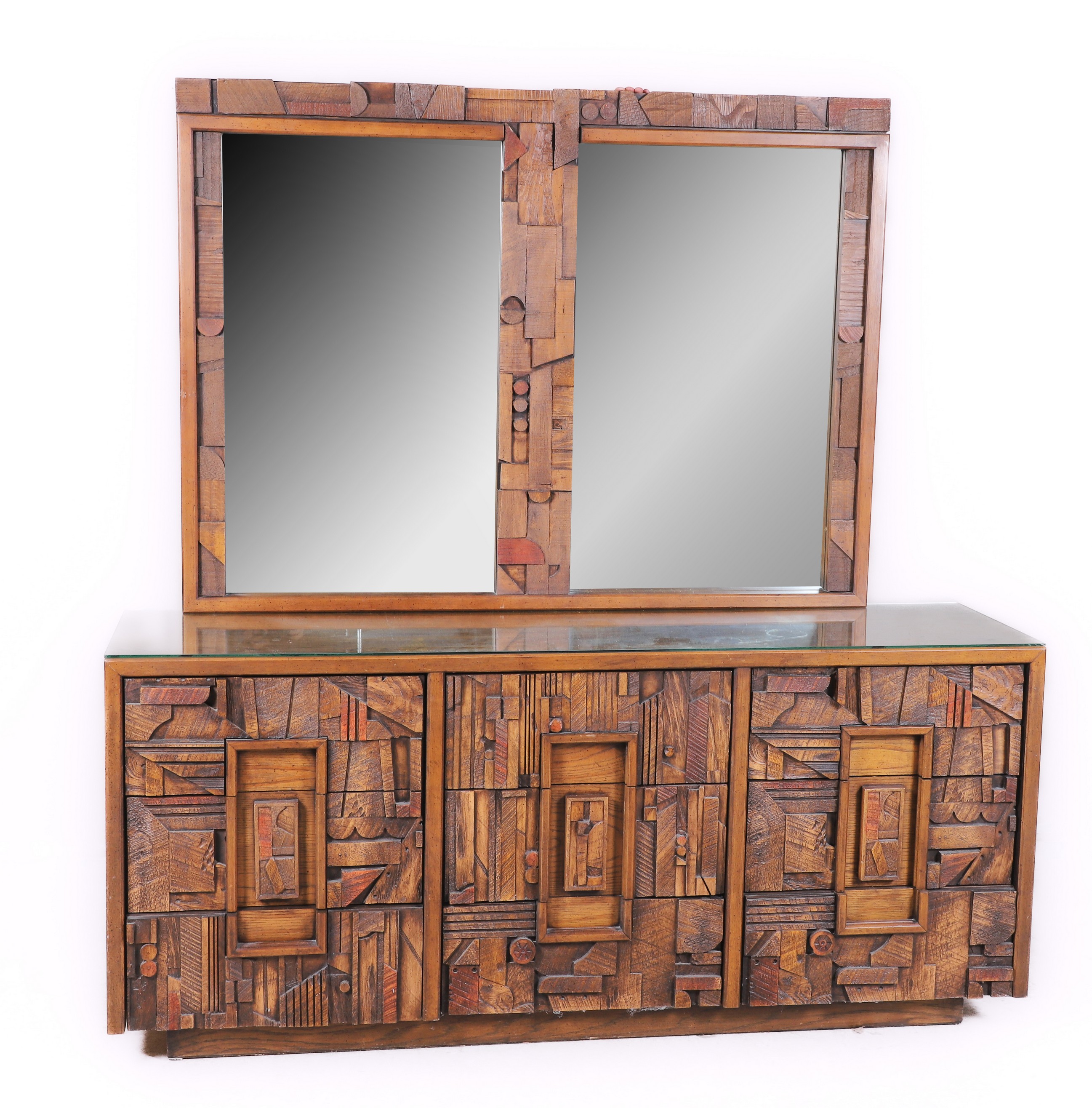 Appraisal: Lane Brutalist walnut dresser w mirror double mirror dresser with