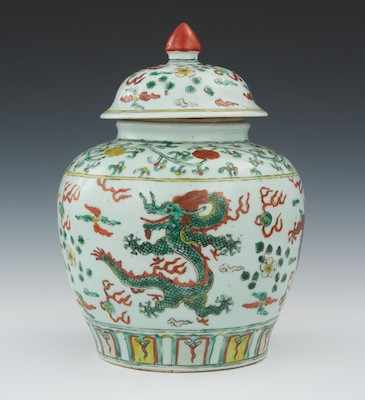 Appraisal: A Chinese Wucai Covered Jar Biscuit ware potiche with enamels