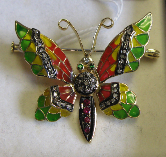 Appraisal: PLIQUE-A-JOUR ENAMEL EMERALD RUBY DIAMOND AND FOURTEEN KARAT GOLD BUTTERFLY