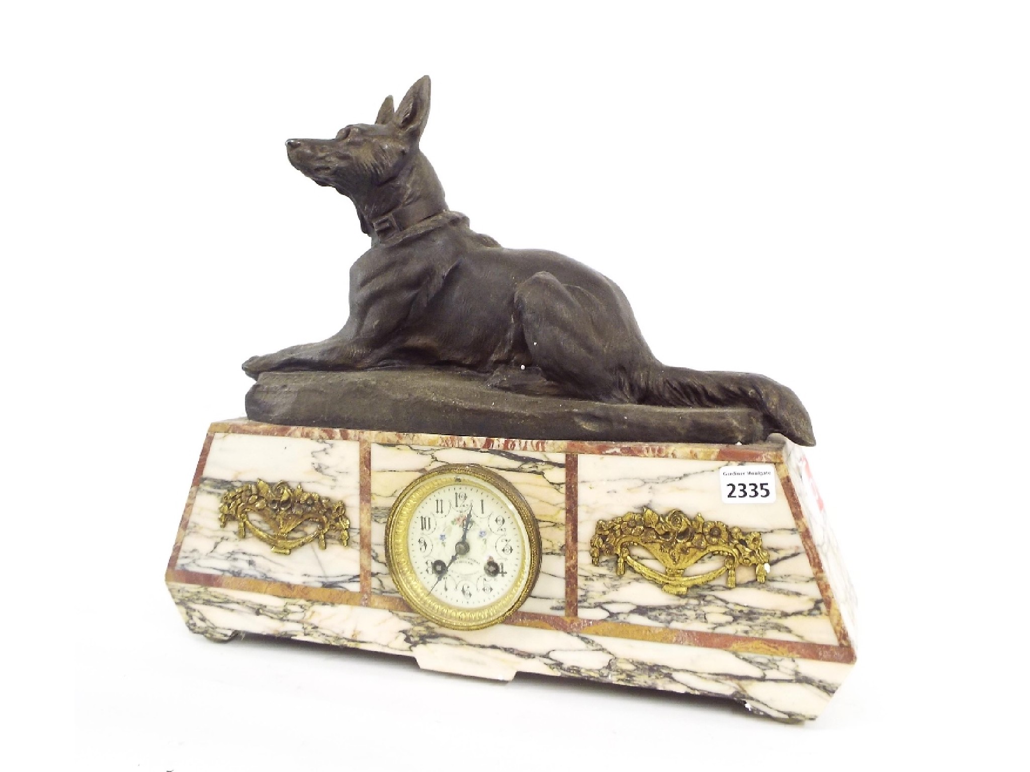 Appraisal: White and rouge marble two train figural mantel clock the