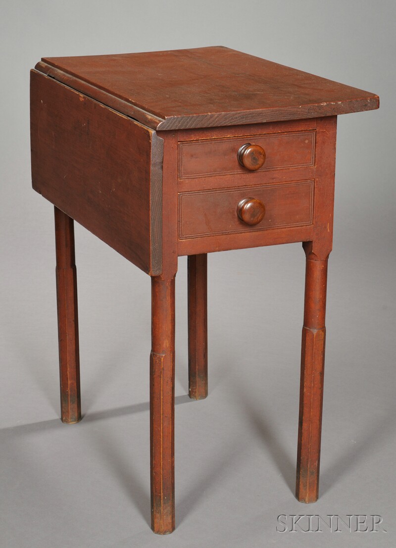 Appraisal: Red-painted Pine and Maple Two-drawer Work Table probably New Hampshire