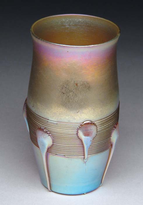 Appraisal: TIFFANY STUDIOS VASE Interesting gold Favrile vase has horizontal threading