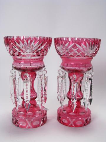 Appraisal: Pair of cranberry cut-to-clear glass lusters with prisms approximately tall