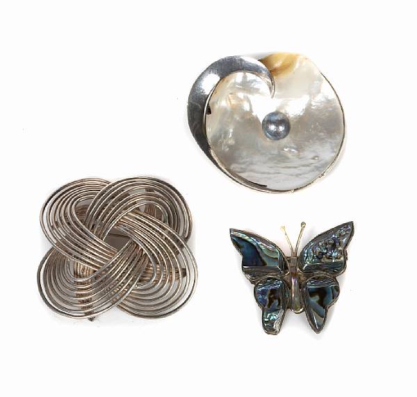 Appraisal: A collection of three silver abalone mother-of-pear and cultured pearl