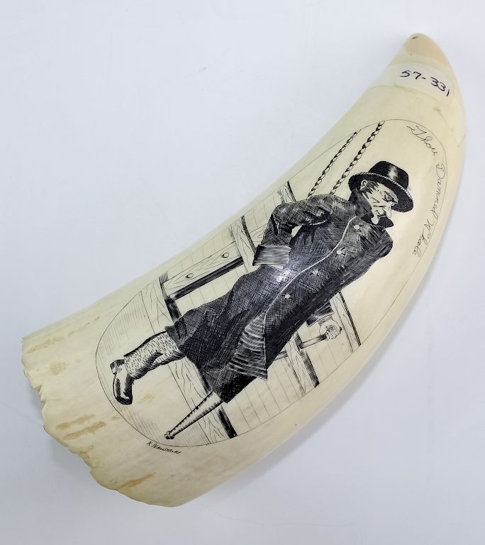 Appraisal: VTG Scrimshaw Moby Dick Captain Ahab Whale Tooth Vintage artist