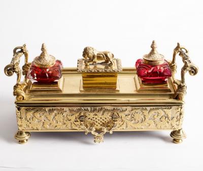 Appraisal: An engraved brass inkstand and pen tray circa with Rococo