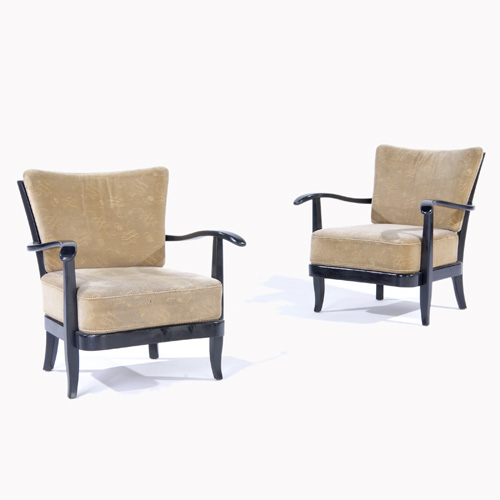 Appraisal: ITALIAN Pair of ebonized wood armchairs upholstered in velvet Dr