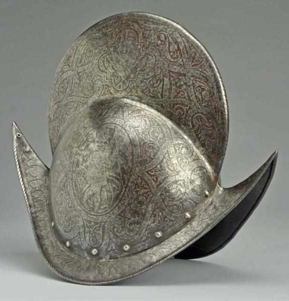 Appraisal: Morion Helmet Circa German Etched all over with very nice