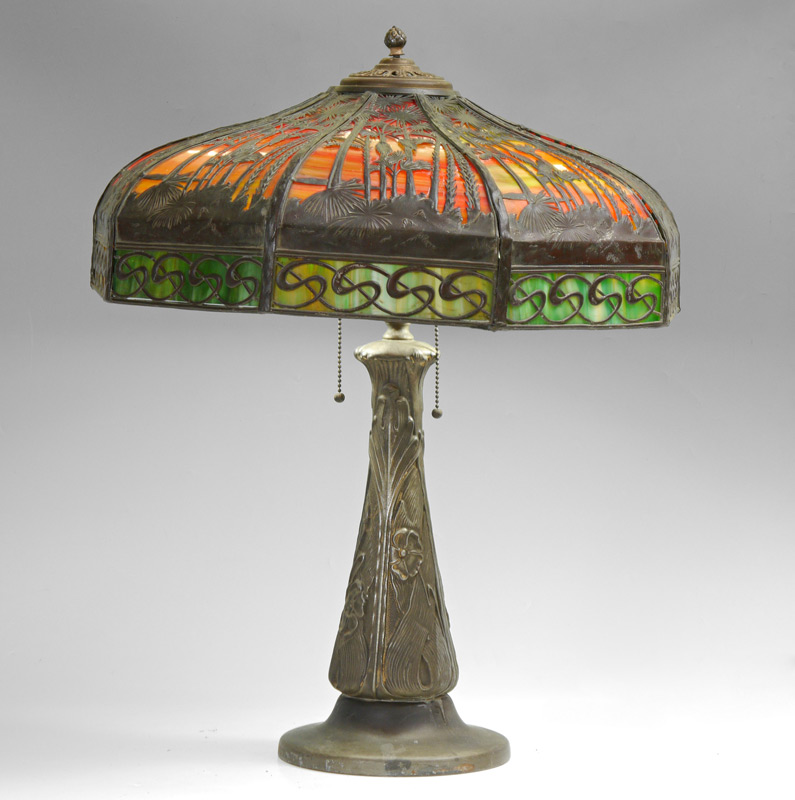 Appraisal: HANDEL FILIGREE PALM TREE SHADE TABLE LAMP Signed Handel palm