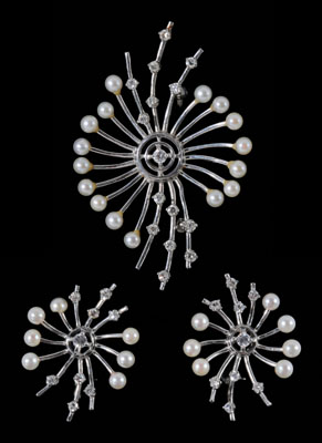 Appraisal: Diamond and pearl jewelry suite sunburst design accented with round