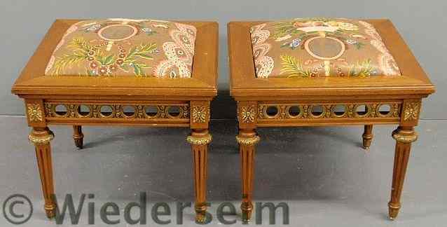 Appraisal: Pair of square French fruitwood stools with brass mounts h