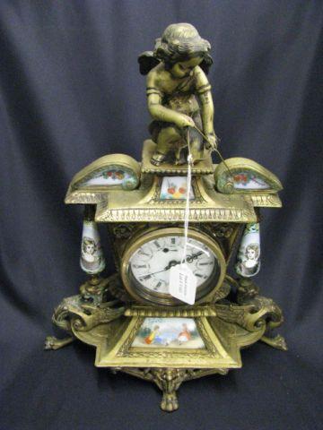 Appraisal: French Brass Mantle Clock with cupid above enameled columns fancy