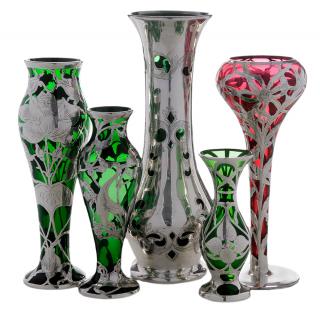 Appraisal: Five Glass Vases with Sterling Overlay probably American late th