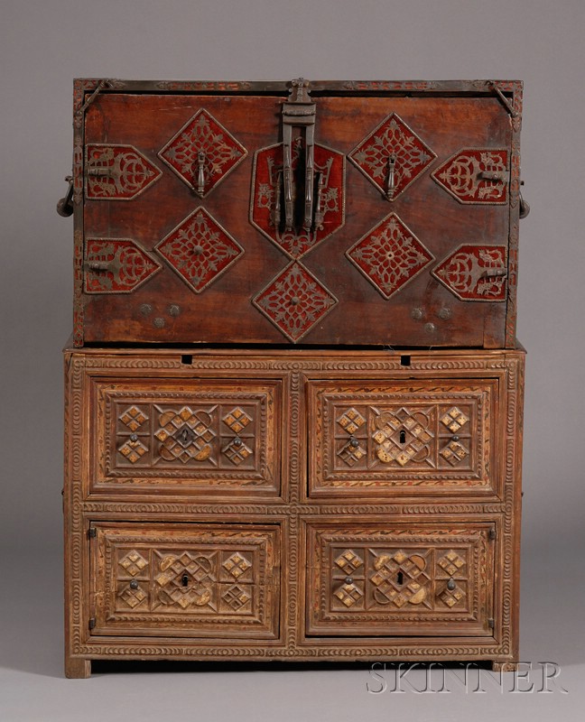 Appraisal: Spanish Steel-mounted Cut-velvet Painted and Parcel-gilt Vargueno on Stand dovetail