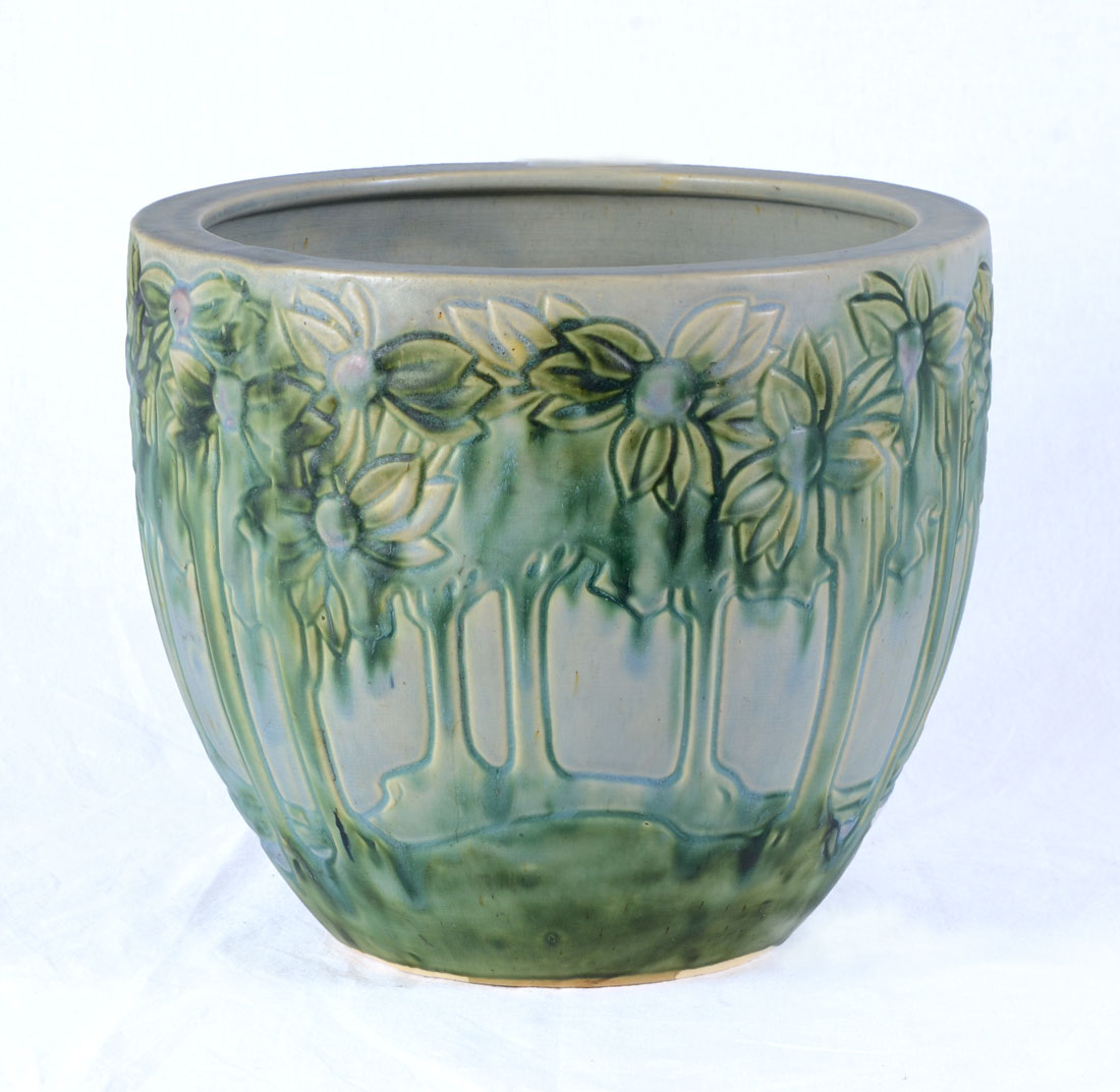 Appraisal: ROSEVILLE POTTERY VISTA JARDINIERE Green ''Vista'' pattern with trees unmarked