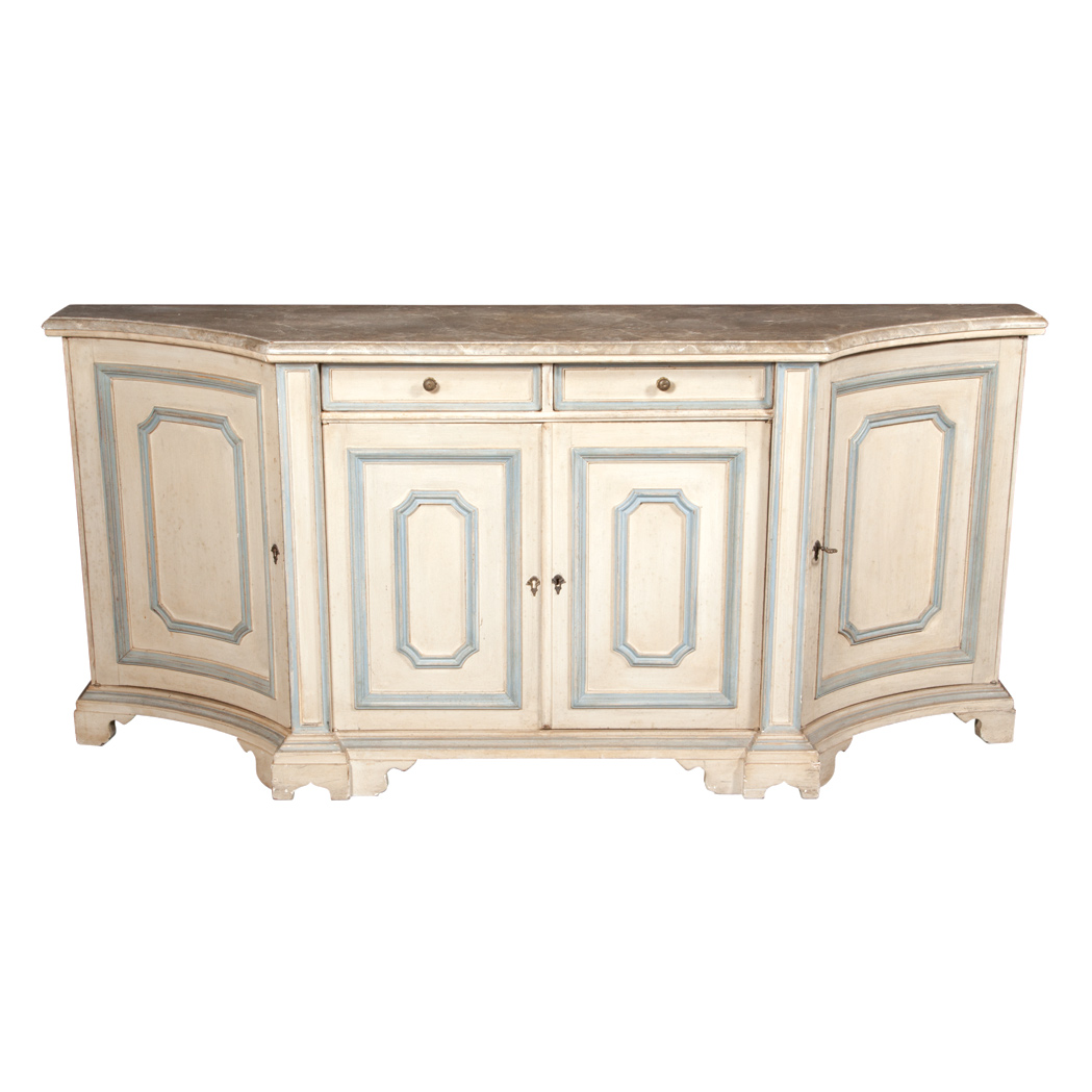 Appraisal: French Provincial Style Painted Buffet The marbleized projecting top with