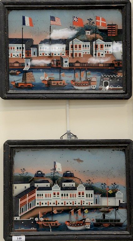 Appraisal: Pair of reverse paintings on glass with ships and junks