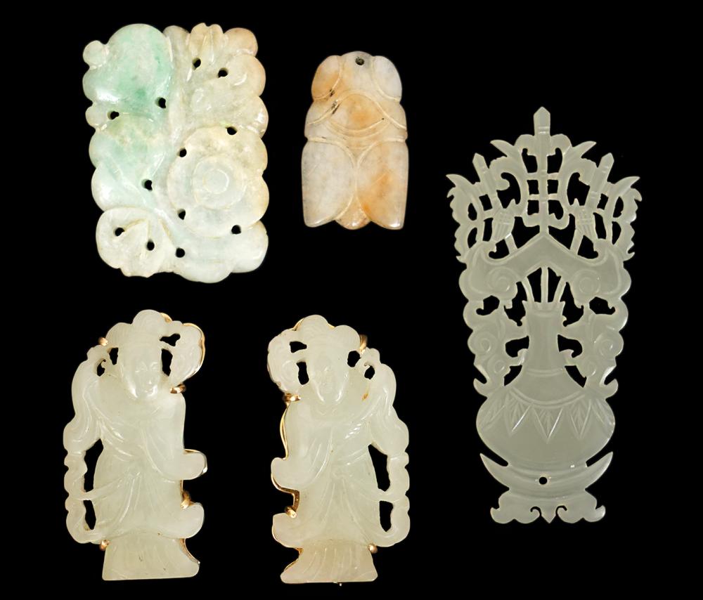 Appraisal: PCS JADE BROOCHES ASSORTED PLAQUESPair of matching jade brooches in