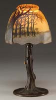 Appraisal: HANDEL BOUDOIR LAMP Unusual closed-top winter scenic lamp obverse painted