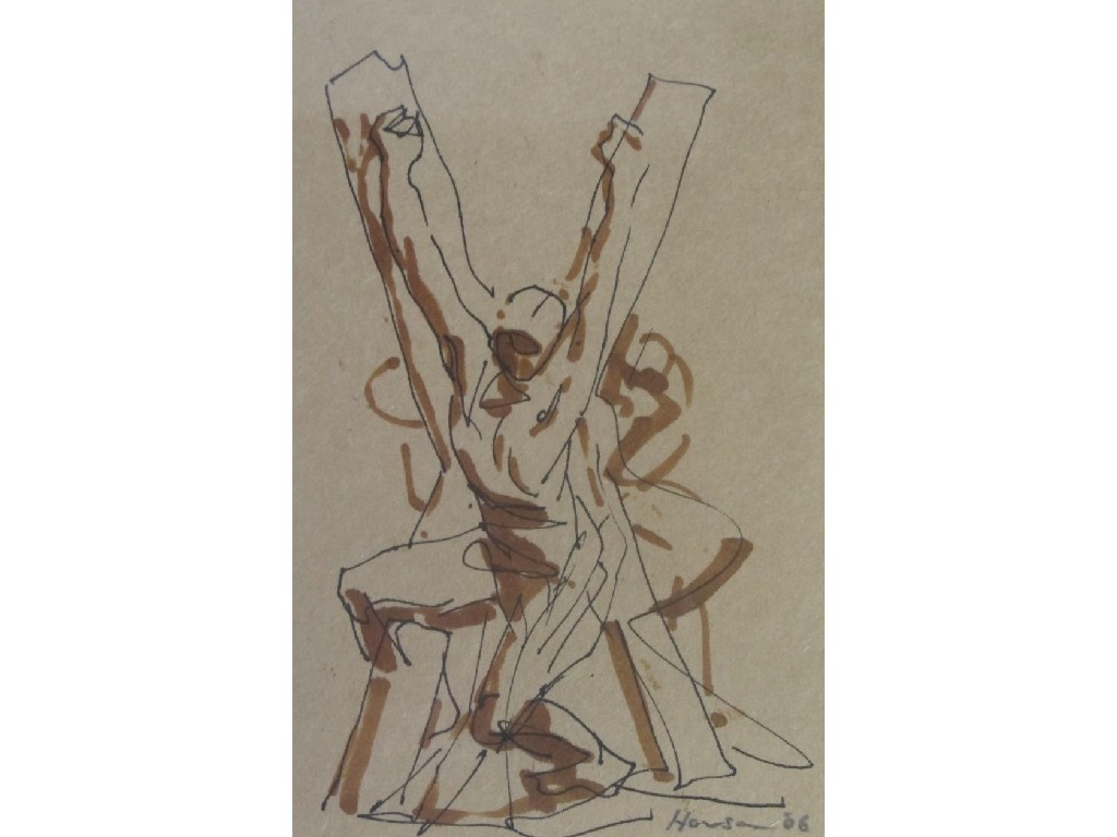 Appraisal: PETER HOWSON OBE b CRUCIFIXTION Watercolour and pen signed and