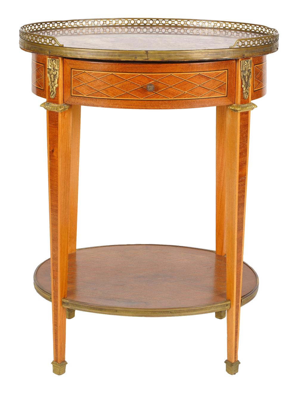 Appraisal: NEOCLASSICAL-STYLE MARQUETRY SIDE TABLEmodern the oval breche violette marble top