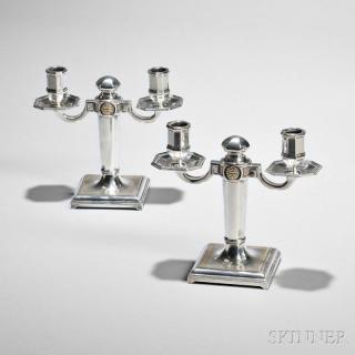 Appraisal: Pair of French Art Deco Silver Two-light Candelabra Paris early