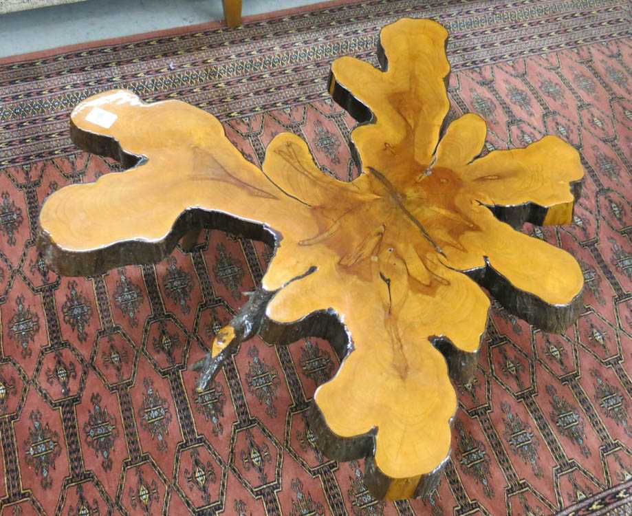 Appraisal: CYPRESS WOOD SLAB COFFEE TABLE a freeform shaped slab L