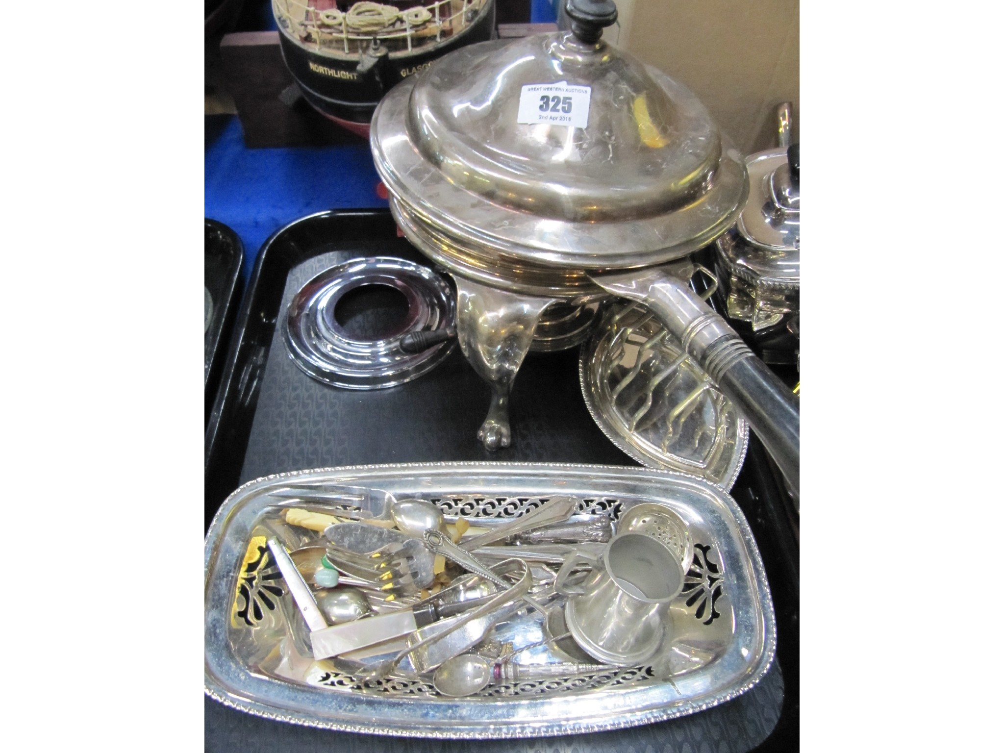 Appraisal: A tray lot of EP - chafing pan toastrack etc