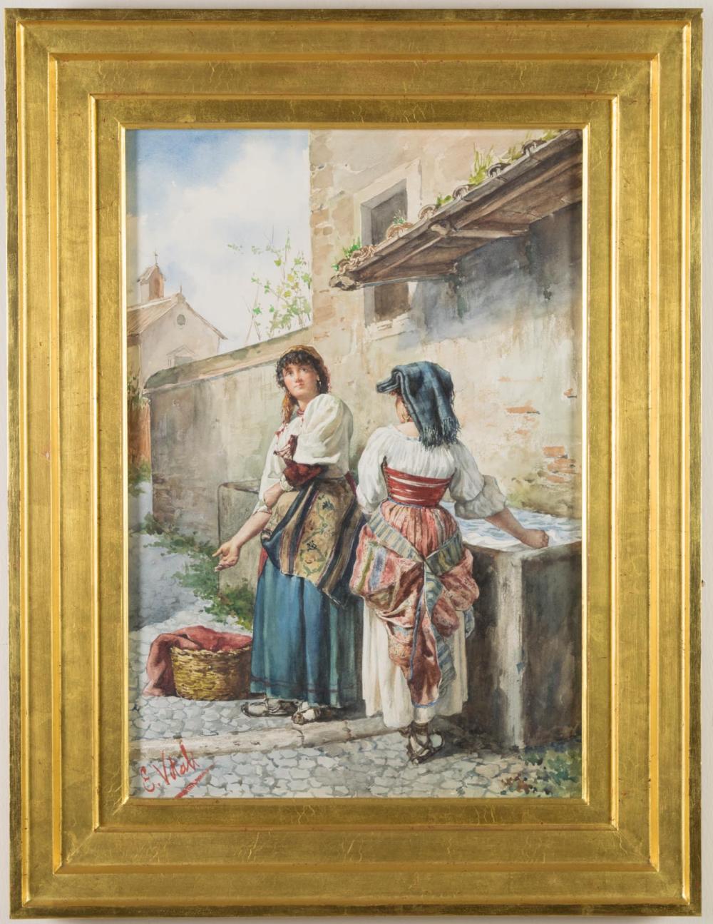 Appraisal: EDOUARDO VITALI Italy th century watercolor on paper washerwomen Signed