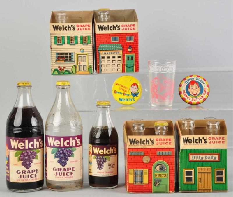 Appraisal: Approximately Glass Howdy Doody Items Includes four Welch's four-pack containers