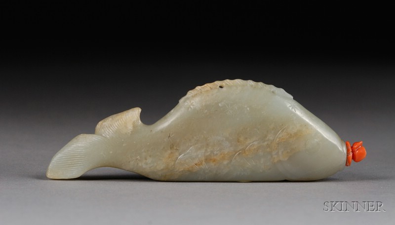 Appraisal: Jade Snuff Bottle th century pale celadon color carved in